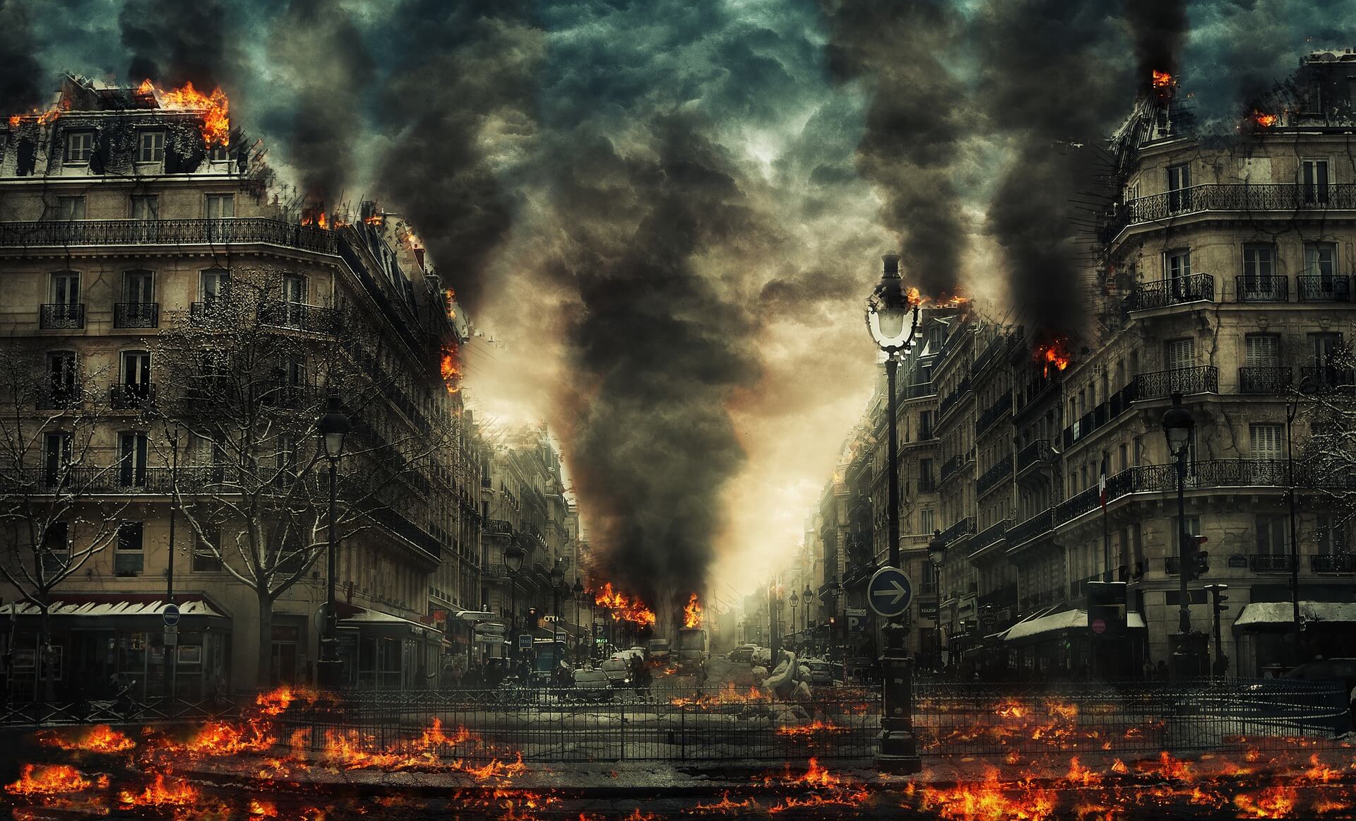 A city totally aflame in apocalyptic imagery